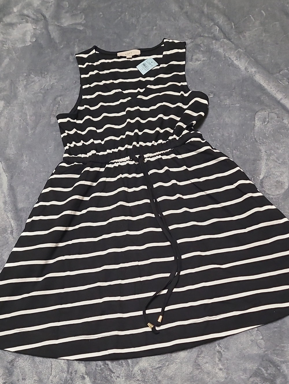 LOFT Black & White Striped Sleeveless Drawstring Dress